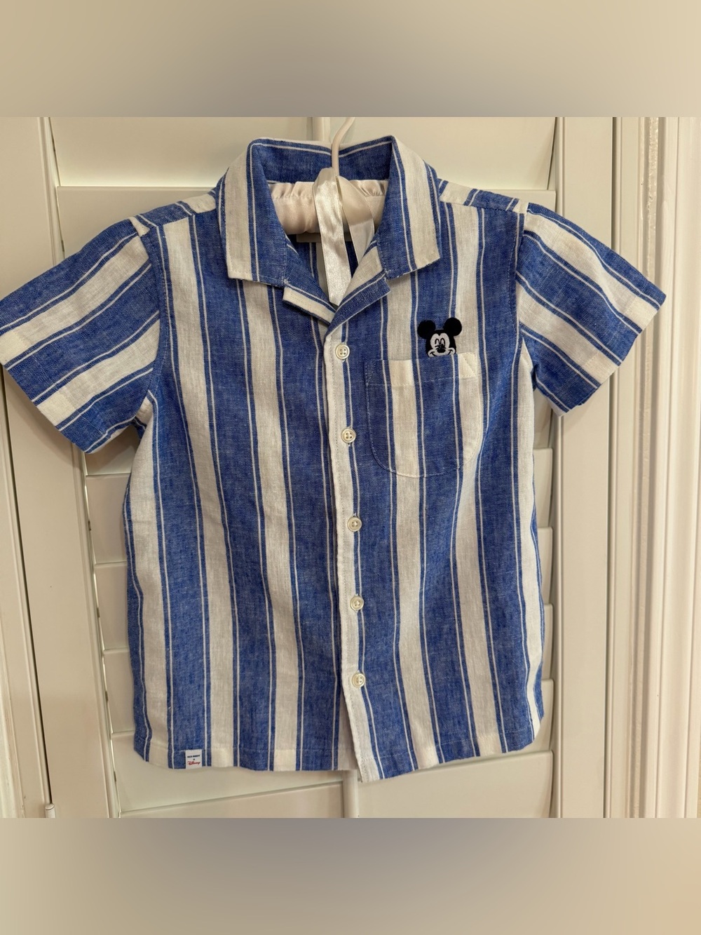 Old Navy X Disney Boys Mickey Mouse Blue Striped Linen Blend Button Up Shirt XS.